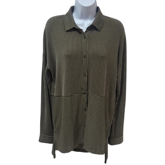 NEW Paper Crane Striped High Low Blouse Jersey Knit Button up Comfy Fall S - Picture 3 of 13